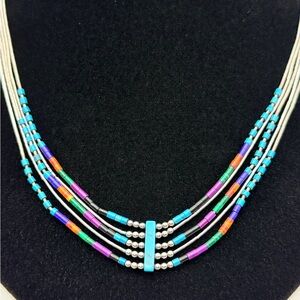 Vintage Navajo Liquid Sterling Silver Multi-Strand Necklace – Turquoise 19”